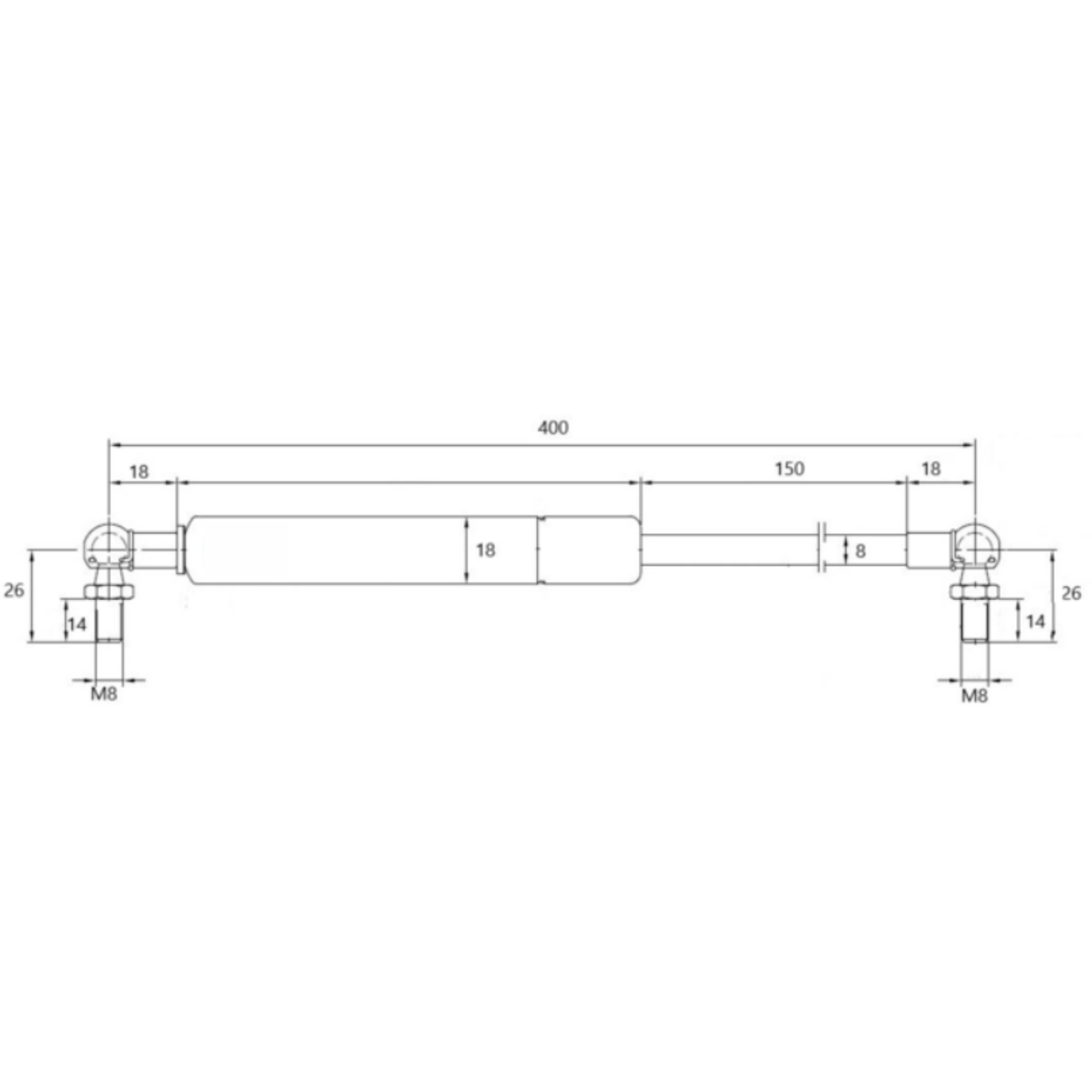 Molla a gas 100 N da 400 mm per sportelli laterali cabina Brieda. Pistoncino con sfere metalliche Ø10 mm M8x14, resistente e affidabile.