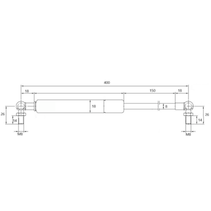 Molla a gas 100 N da 400 mm per sportelli laterali cabina Brieda. Pistoncino con sfere metalliche Ø10 mm M8x14, resistente e affidabile.