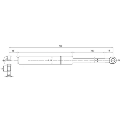 Molla a gas 350 N da 700 mm per trattori e macchine agricole. Pistoncino universale con snodo e occhiello Ø8 mm, ideale per cofani, vetri e portelloni.