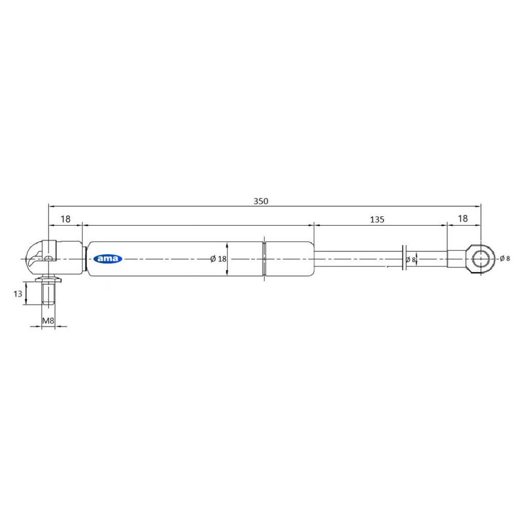 Molla a gas 200 N da 350 mm per trattori e macchine agricole. Pistoncino universale con snodo e occhiello Ø8 mm per portiere, vetri e cofani.
