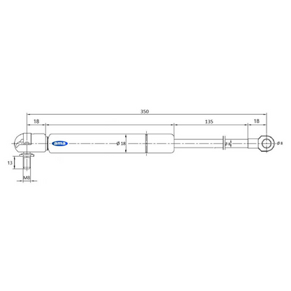 Molla a gas 200 N da 350 mm per trattori e macchine agricole. Pistoncino universale con snodo e occhiello Ø8 mm per portiere, vetri e cofani.